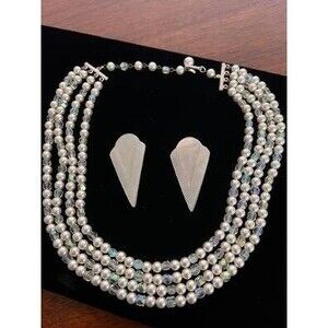 Vintage Faux Pearl & Bead Iridescent Multi Strand Necklace and Earrings